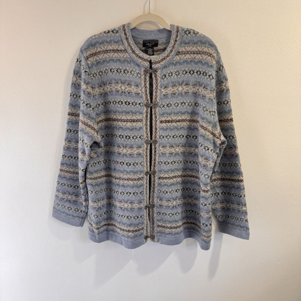 Skyr Sweater Cardigan 2X Icelandic 100% Lambswool Fair Isle Blue Brown